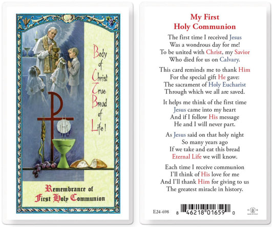 Holy Communion card with religious text and symbols on a white background