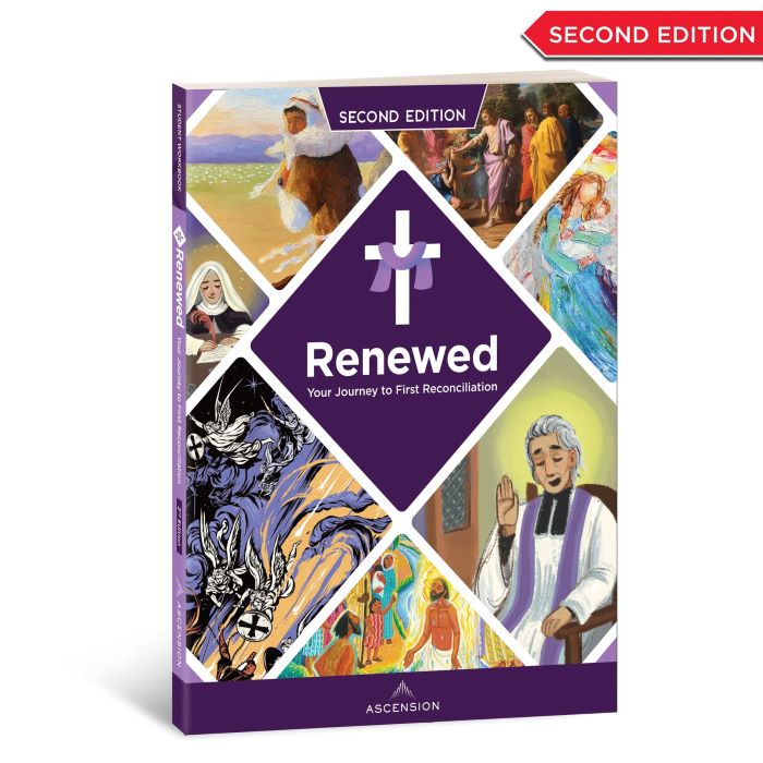 Book titled 'Renewed' with a purple cover featuring various illustrations and a cross symbol, on a white background.
