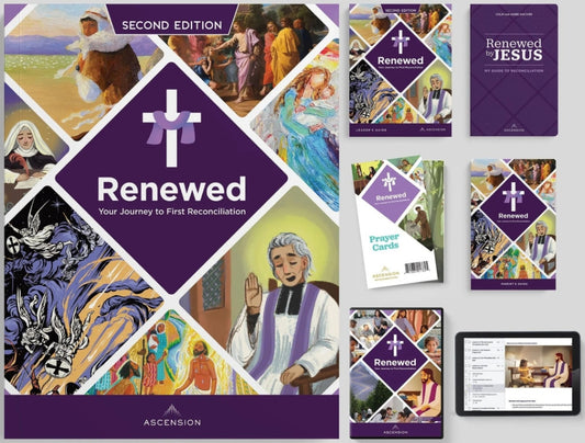 Collage of 'Renewed' religious materials with colorful designs and text.