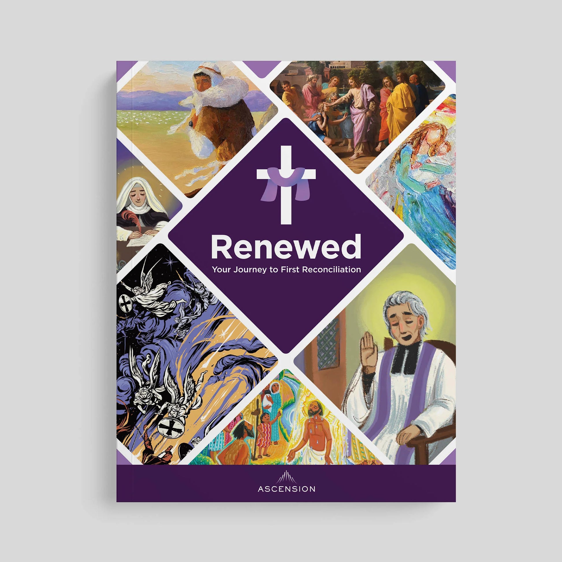 Book cover titled 'Renewed' with artistic illustrations and a purple diamond shape featuring the title.
