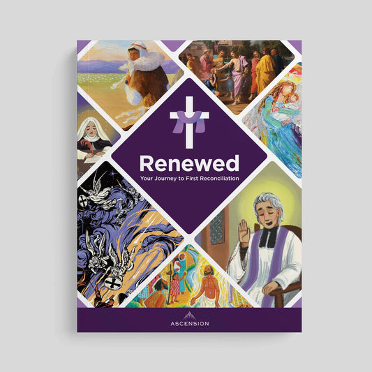 Book cover titled 'Renewed' with artistic illustrations and a purple diamond shape featuring the title.