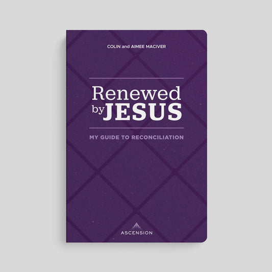 Purple book titled 'Renewed by Jesus' on a light gray background