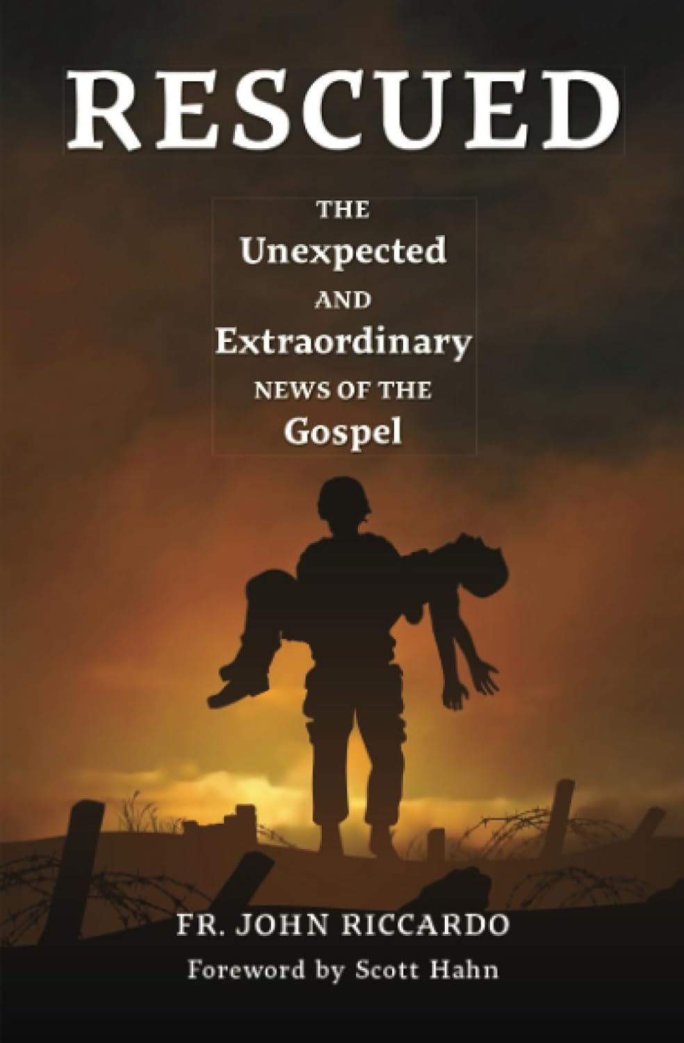 Book cover of 'Rescued' with silhouette of a person holding another against a sunset sky.