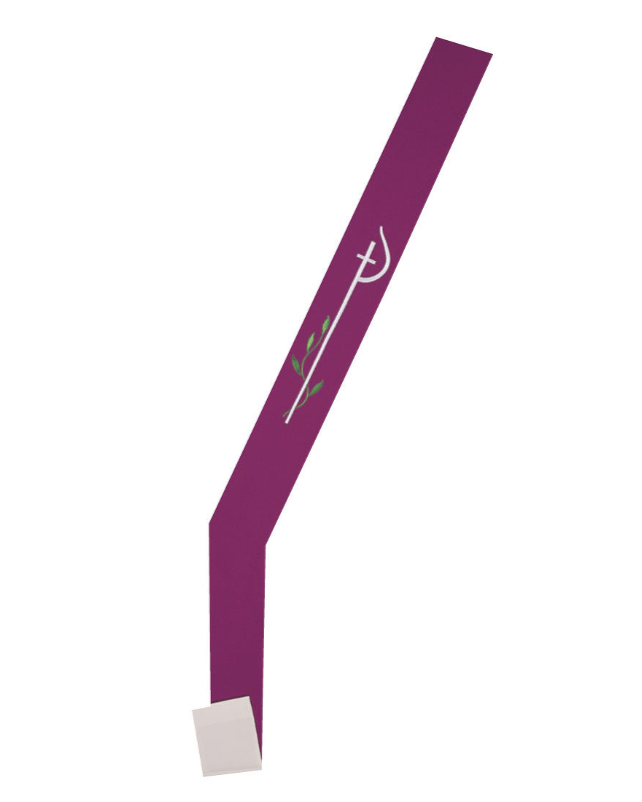 A reversible deacon stole with a purple and green design on one side and a red and white design on the other, laying flat.
