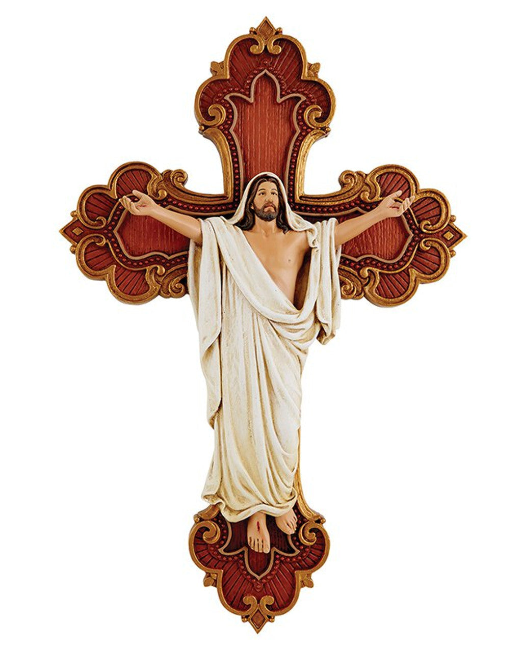 A wall-mounted resin crucifix with a depiction of the risen Christ.