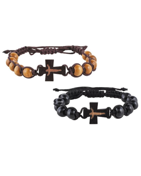 Two beaded bracelets with cross designs on a white background