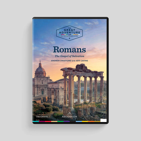 Book cover of 'Romans: The Gospel of Salvation' with classical architecture illustration on a light gray background