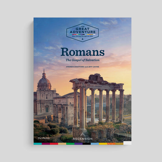 Book cover of 'The Great Adventure: Romans' with Roman architecture and colorful text on a gray background