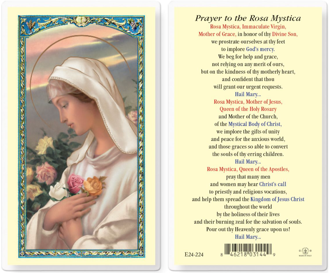 Prayer card featuring a depiction of a religious figure holding flowers with text on the back.