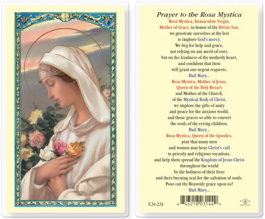 Prayer card featuring a depiction of a religious figure holding flowers with text on the back.
