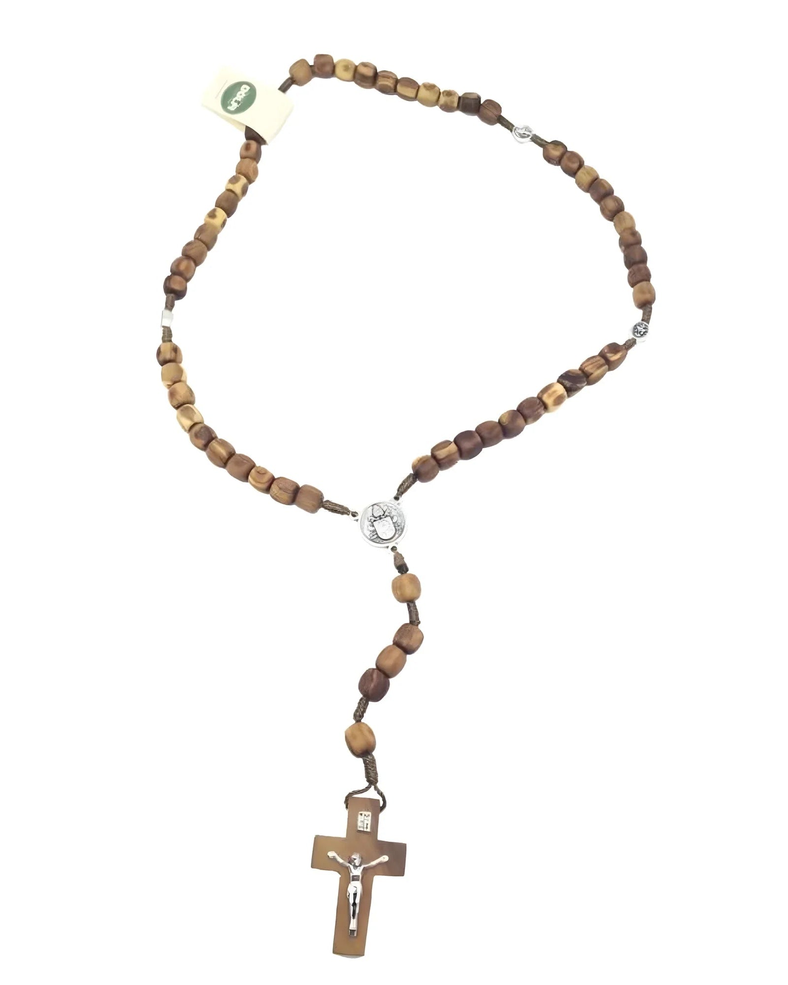 Wooden beaded necklace with a cross pendant on a white background