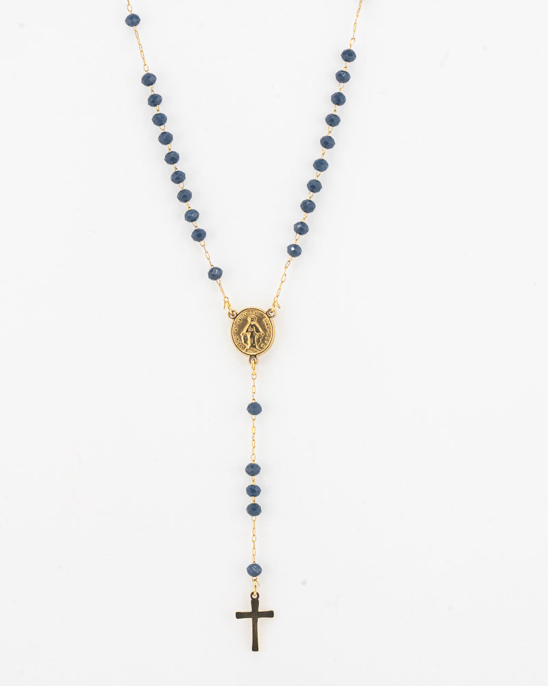 Collier rosaire bleu foncé et or