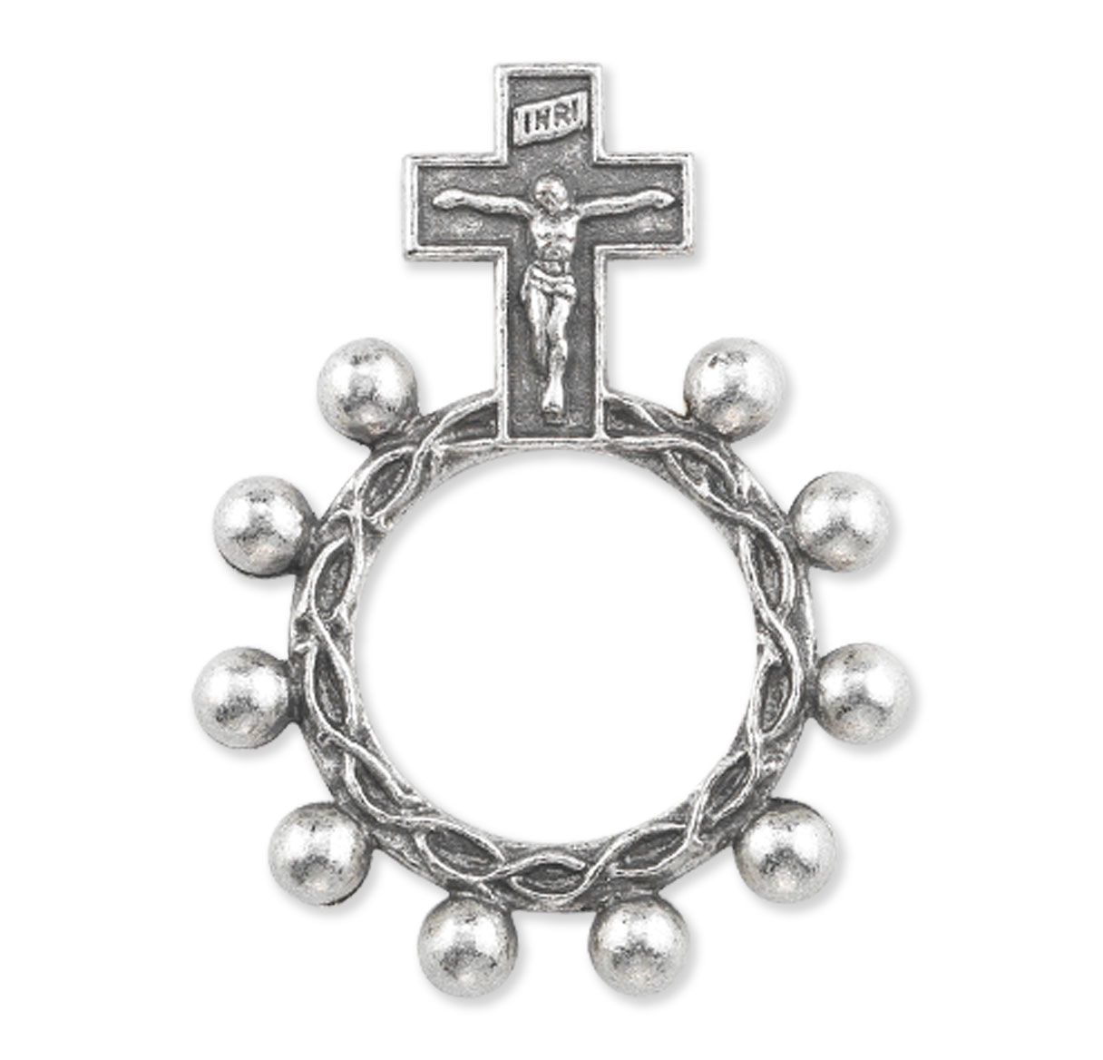 Silver cross with a wreath of small silver balls on a white background