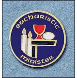 Badge for Eucharistic Minister with a chalice, host, and cross on a blue background