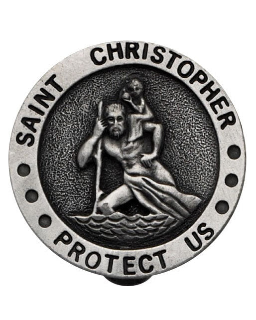 St. Christopher medallion with 'Saint Christopher Protect Us' text on a white background