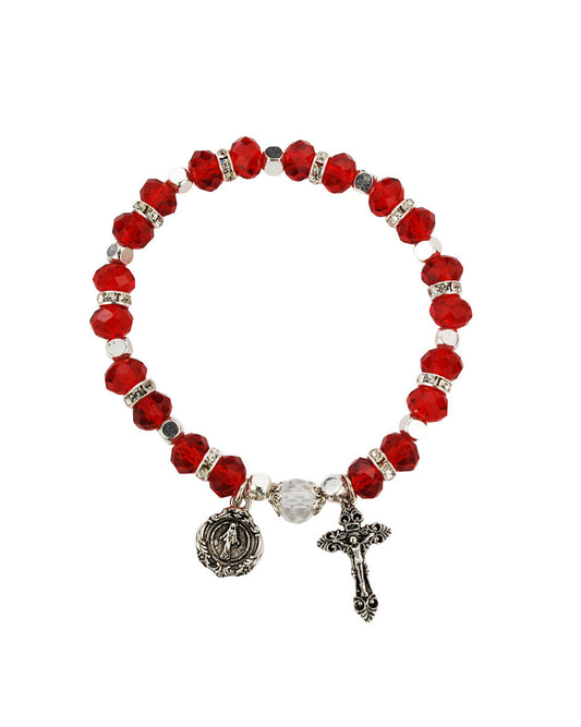 Red beaded bracelet with a cross and round charm on a white background