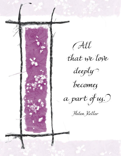 Decorative design with a purple vertical stripe and white flowers, featuring a quote by Helen Keller on a light purple background.
