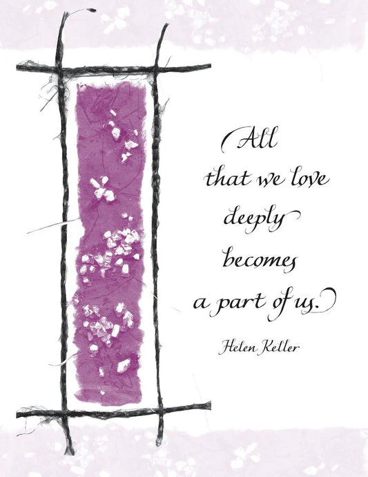 Decorative design with a purple vertical stripe and white flowers, featuring a quote by Helen Keller on a light purple background.