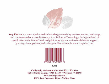 Back of a card with text about Amy Florian, a speaker and author in Thanatology, and contact information.