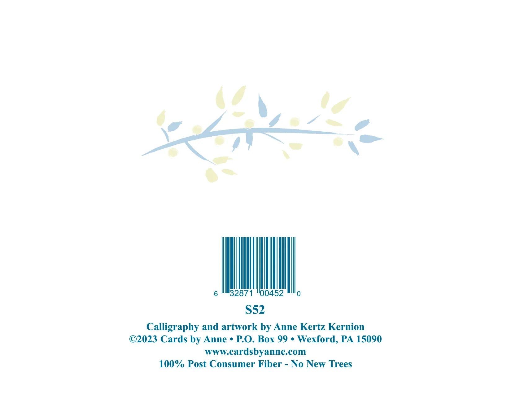 Back of a card with a barcode, leaf design, and contact information on a white background