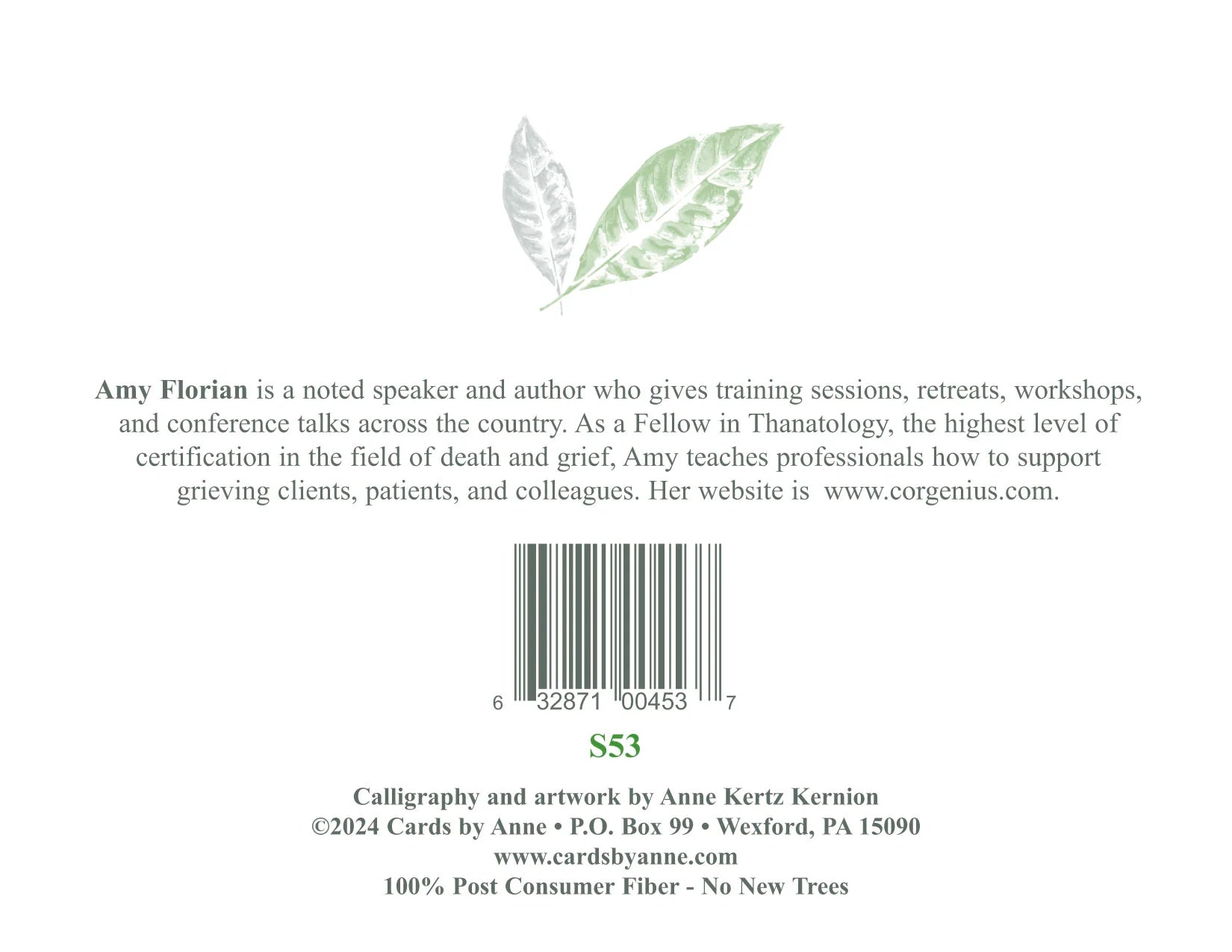 Back cover of a book with text about Amy Florian and a barcode, featuring a leaf design.