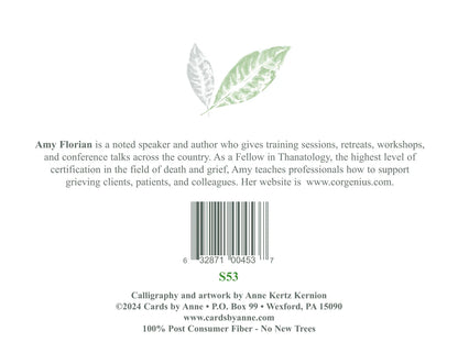 Back cover of a book with text about Amy Florian and a barcode, featuring a leaf design.