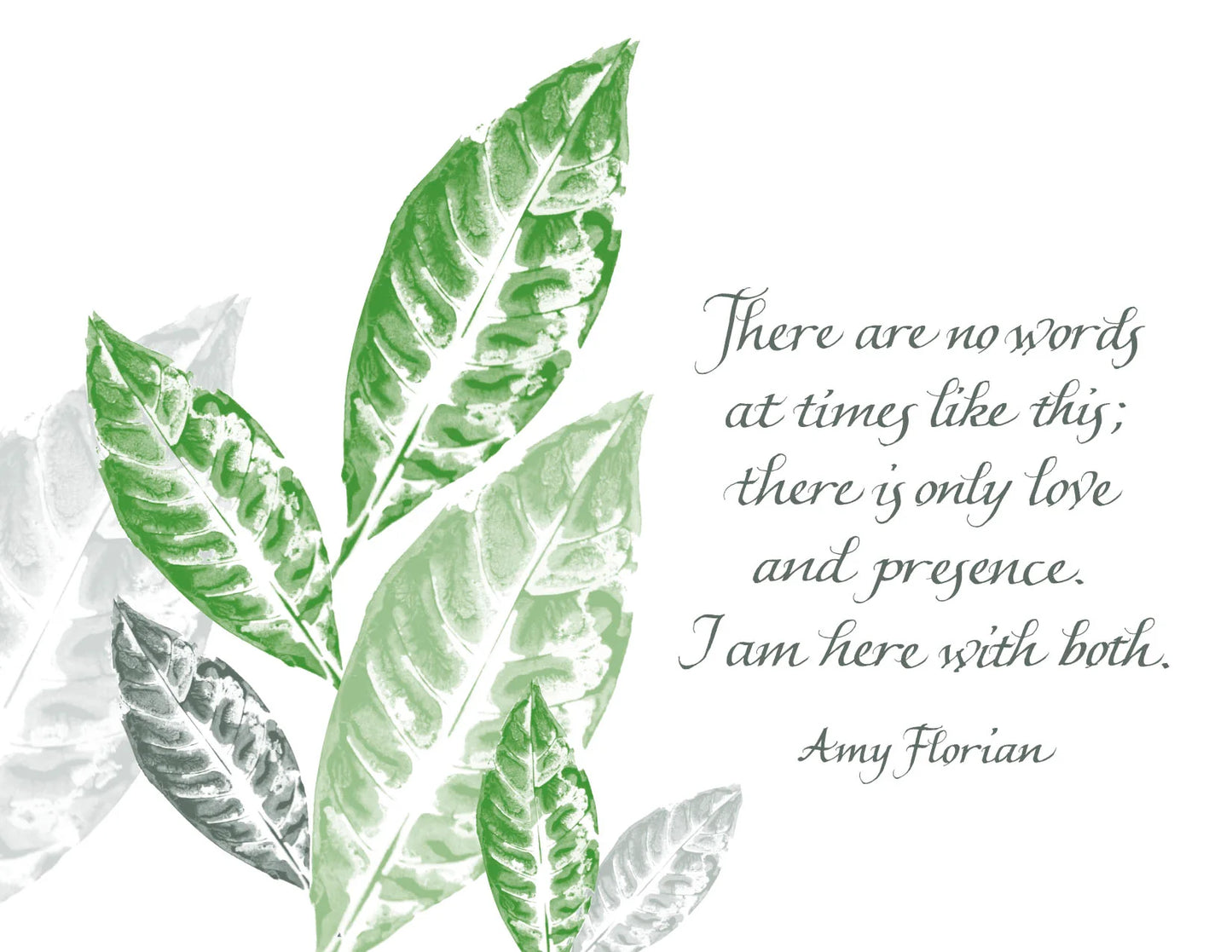Green leaves with a quote by Amy Florian on a white background
