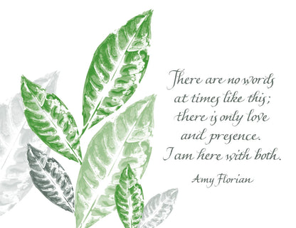 Green leaves with a quote by Amy Florian on a white background