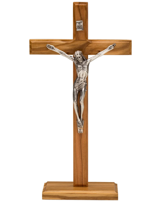 Olive Wood with Silver Corpus Standing Crucifix 8.5"