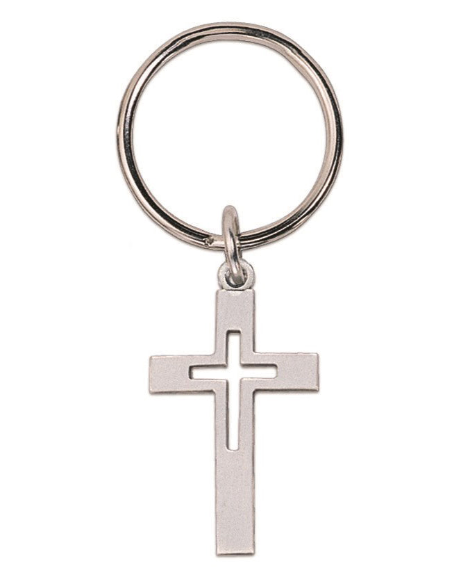 A silver metal keychain featuring a polished cut-out cross pendant and a split key ring, shown against a plain white background.