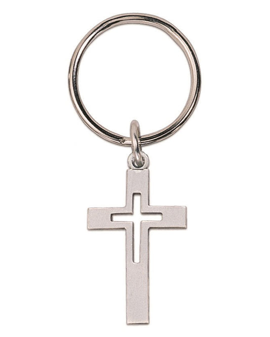 A silver metal keychain featuring a polished cut-out cross pendant and a split key ring, shown against a plain white background.