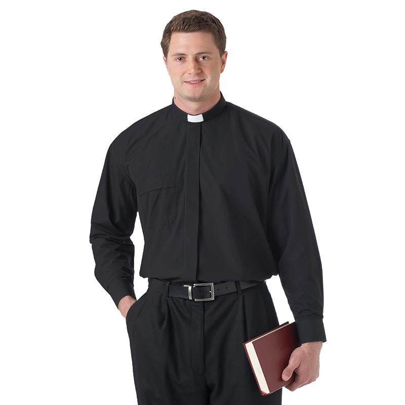 Man wearing a black clerical shirt with a white collar on a white background