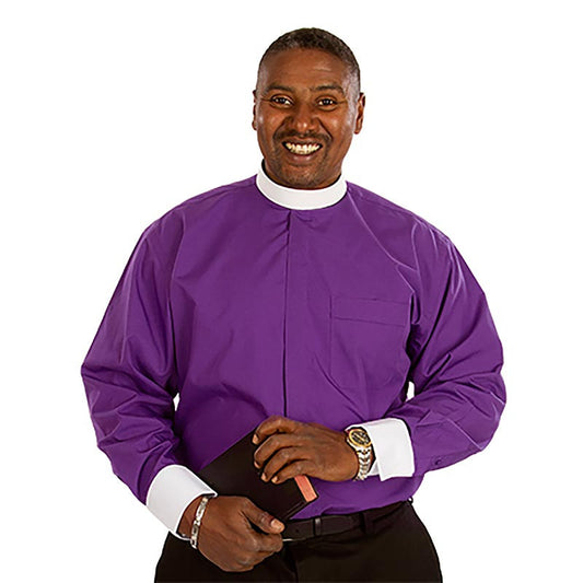 Man wearing a purple shirt with a white collar on a white background