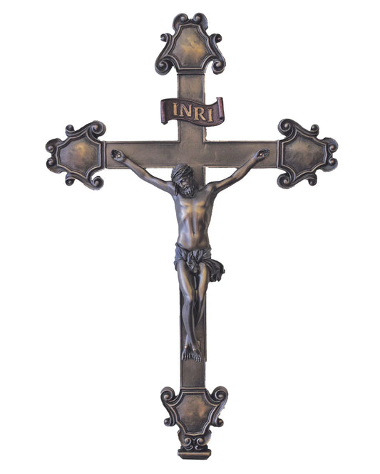Ornate Hand-Painted Bronze Wall Crucifix 16.5"