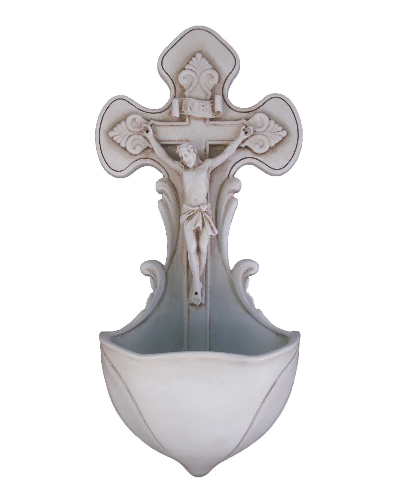 Fuente de agua bendita con crucifijo en resina envejecida de 19 cm