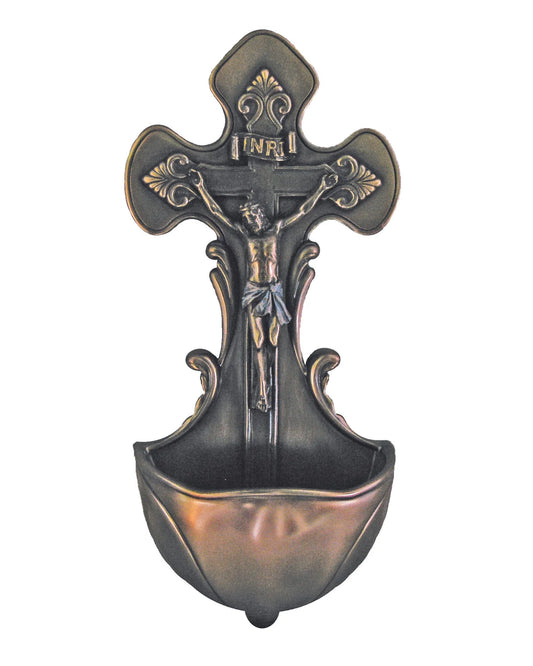 Crucifixion Holy Water Font in Hand-Painted Bronze 7.5"