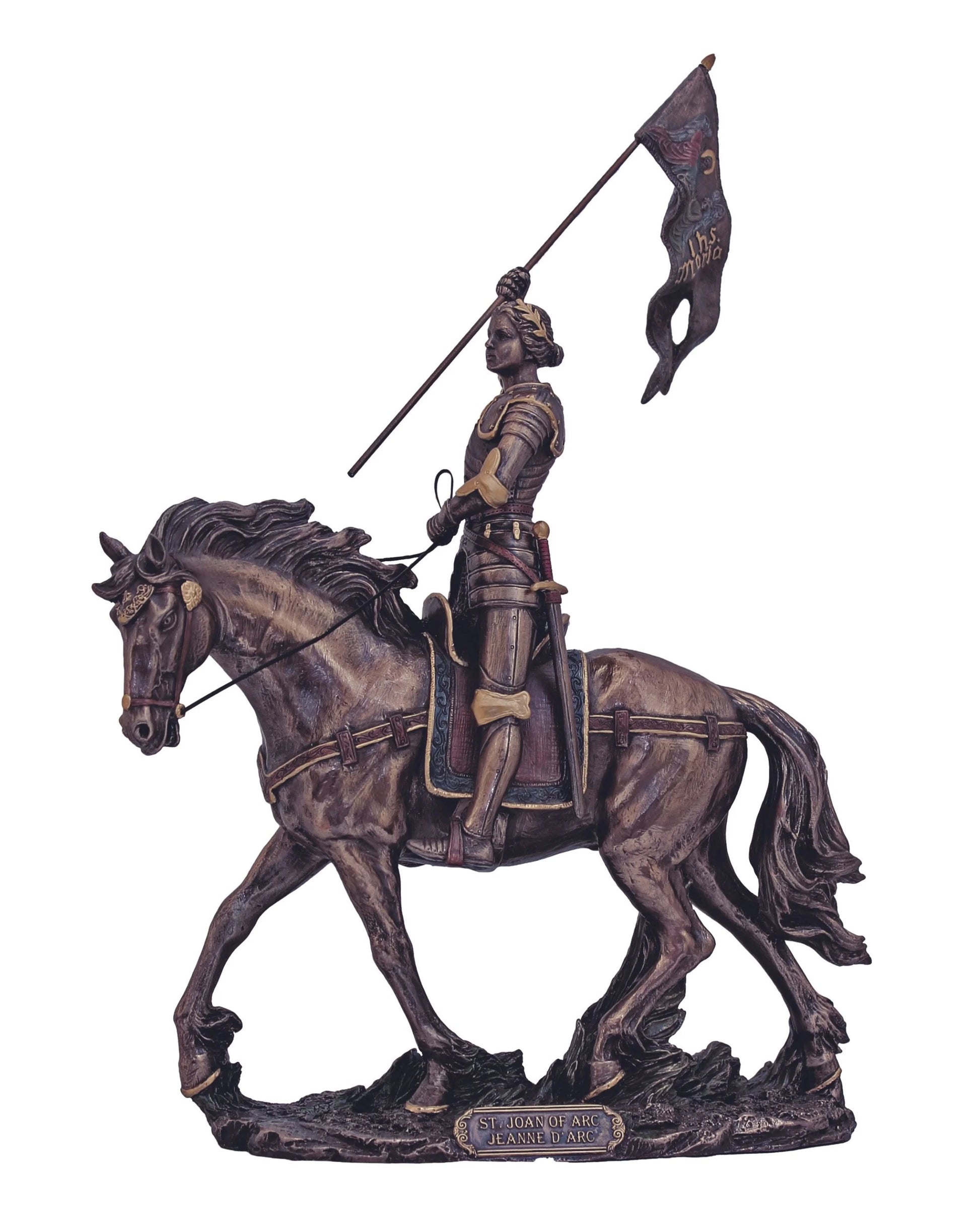 Bronze-Painted Statue of a Joan of Arc on horseback holding a flag on a white background