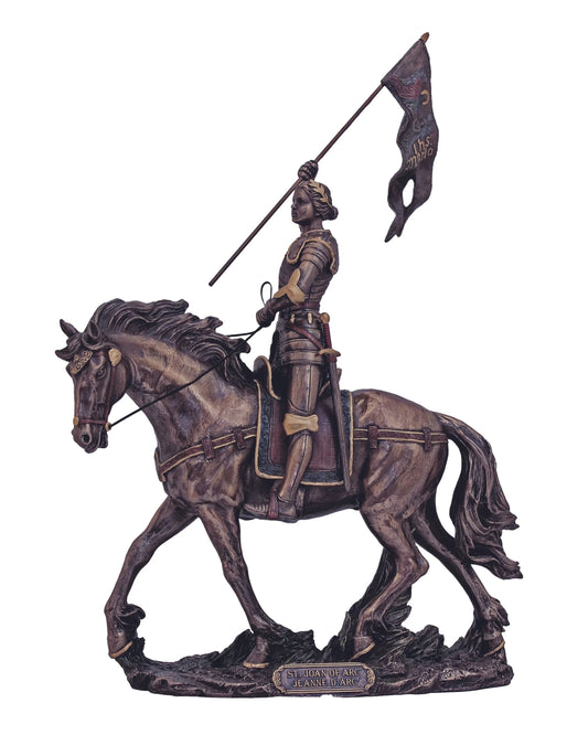 Bronze-Painted Statue of a Joan of Arc on horseback holding a flag on a white background