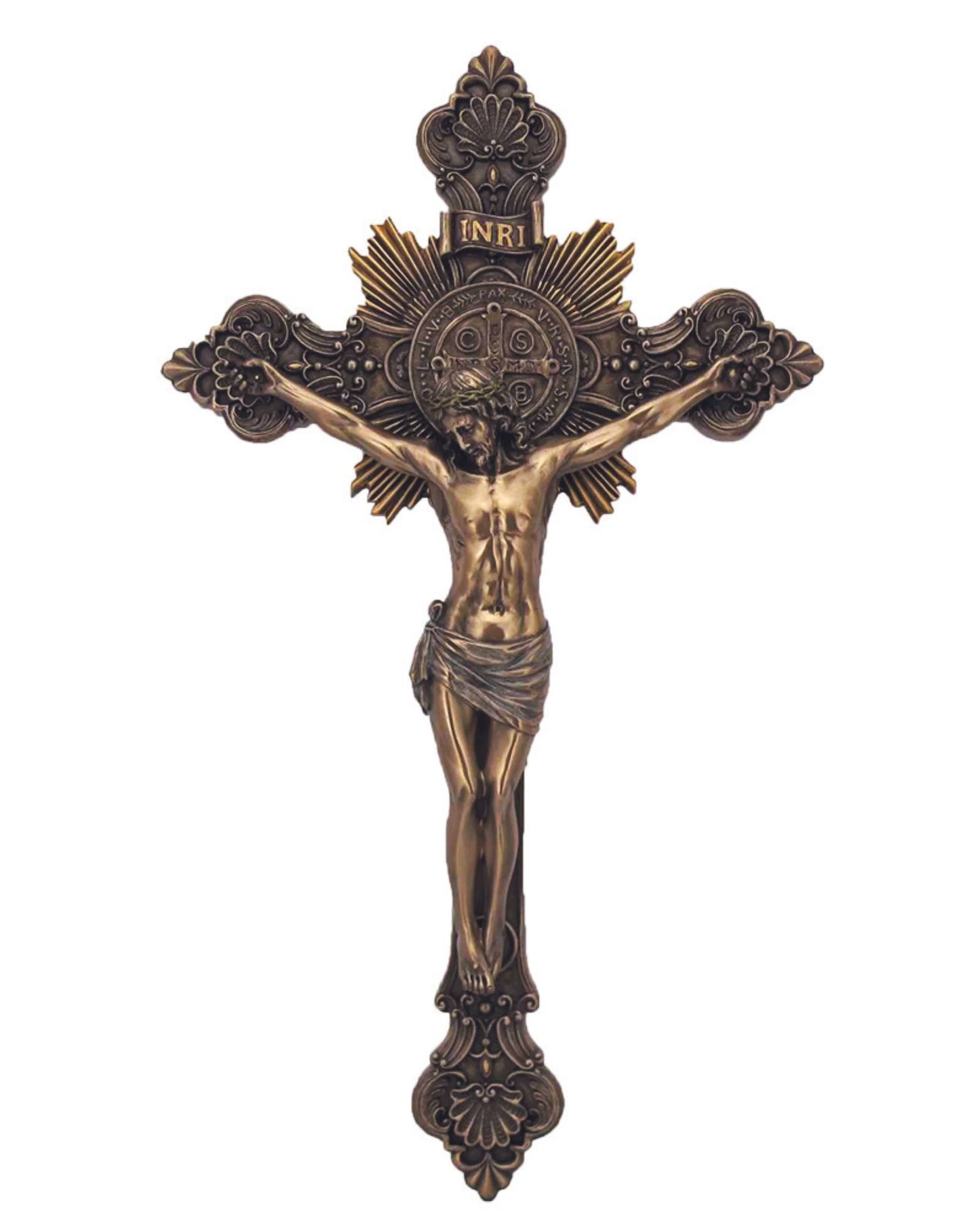 Bronze crucifix with detailed design on a white background