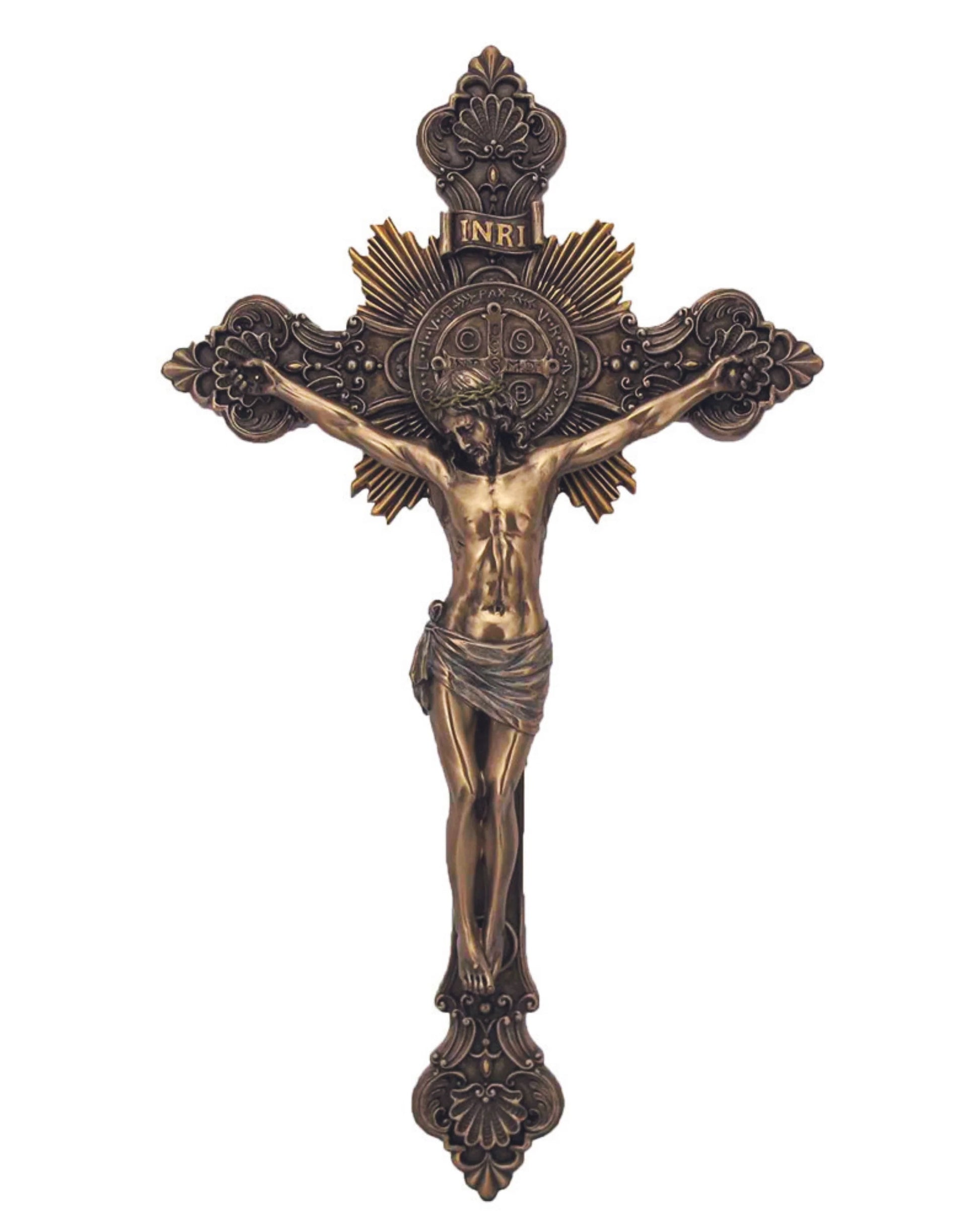 Bronze crucifix with detailed design on a white background