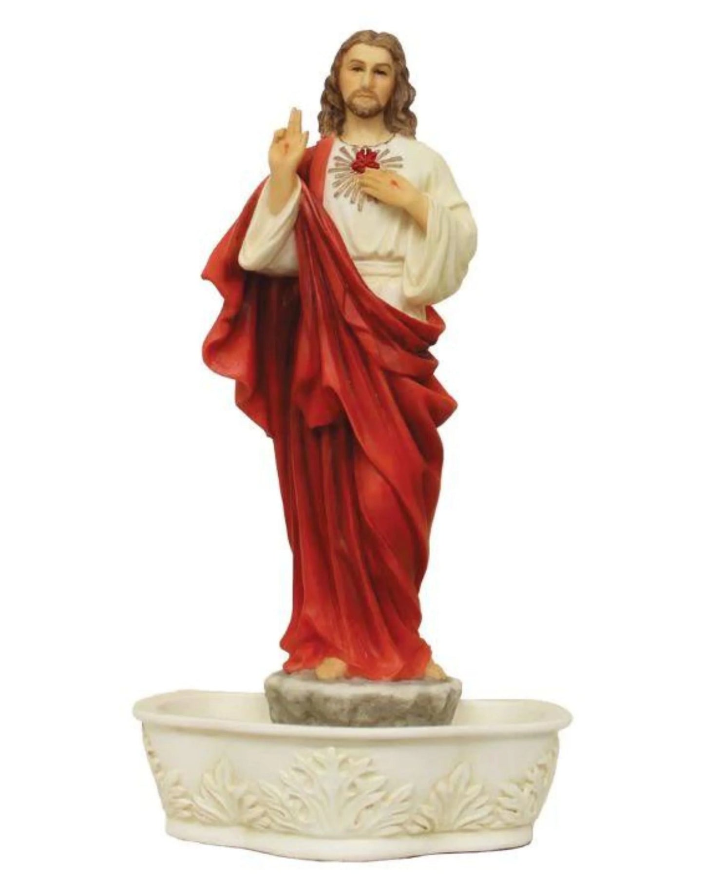 Statue of a religious figure with red robe and white shirt on a white background