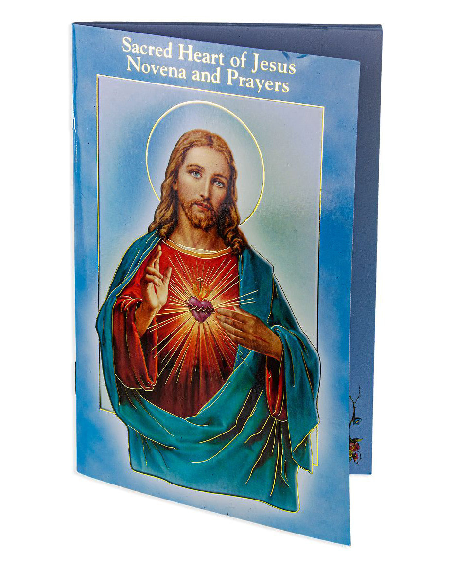 Booklet cover with image of Jesus Christ holding his heart, titled 'Sacred Heart of Jesus Novena and Prayers'.
