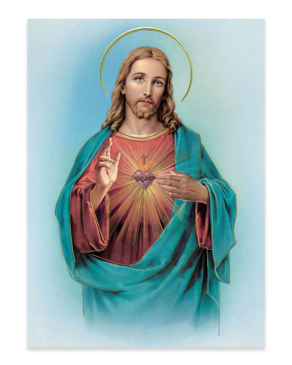 Illustration of a religious figure with a halo, holding a heart symbol, on a light blue background.