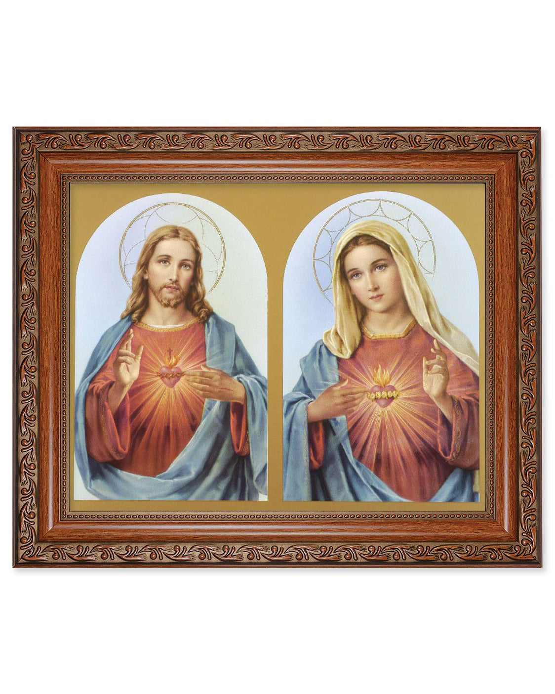 Framed artwork of Jesus and Mary with ornate detailing on a white background
