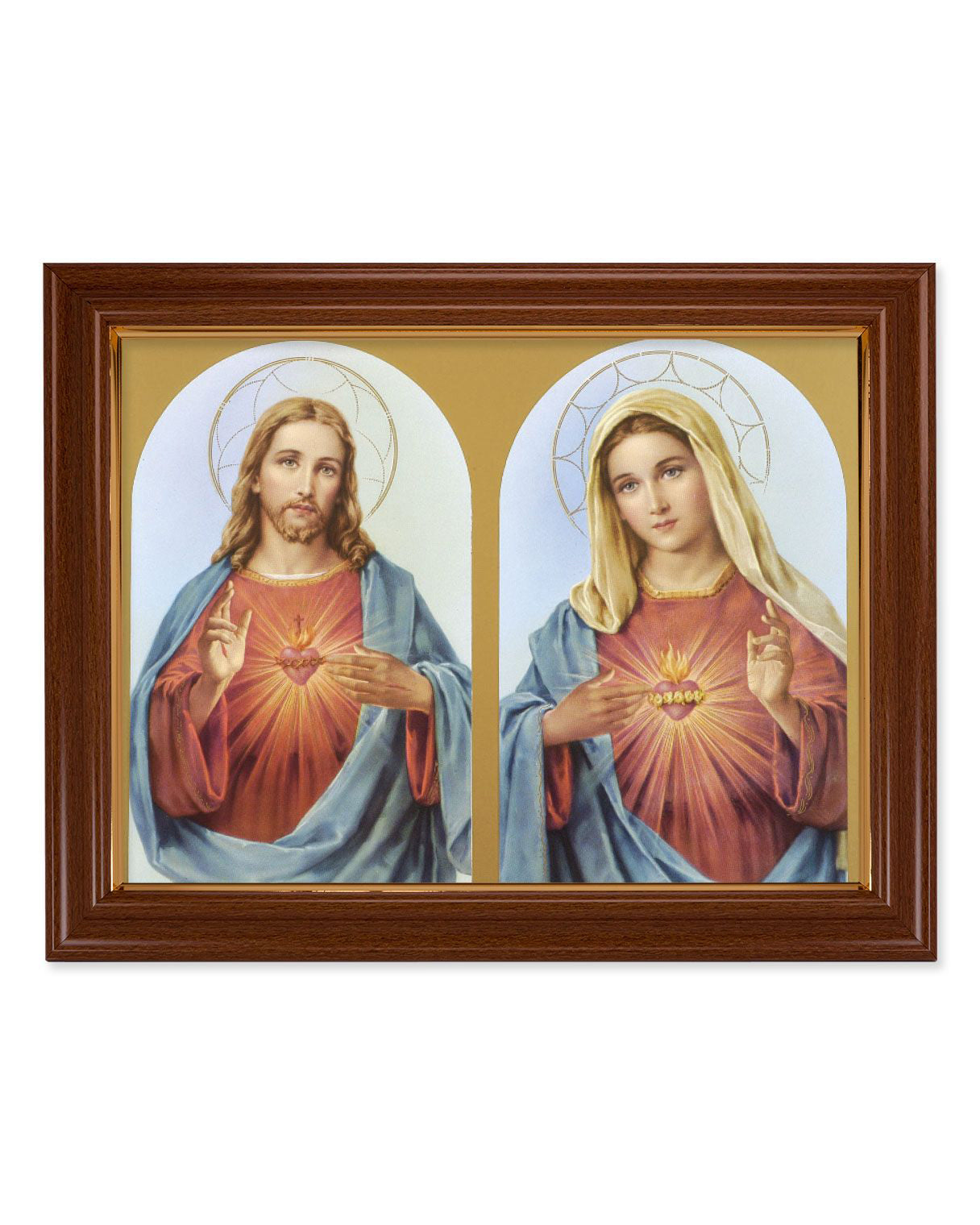 Framed artwork of two religious figures with a gold background