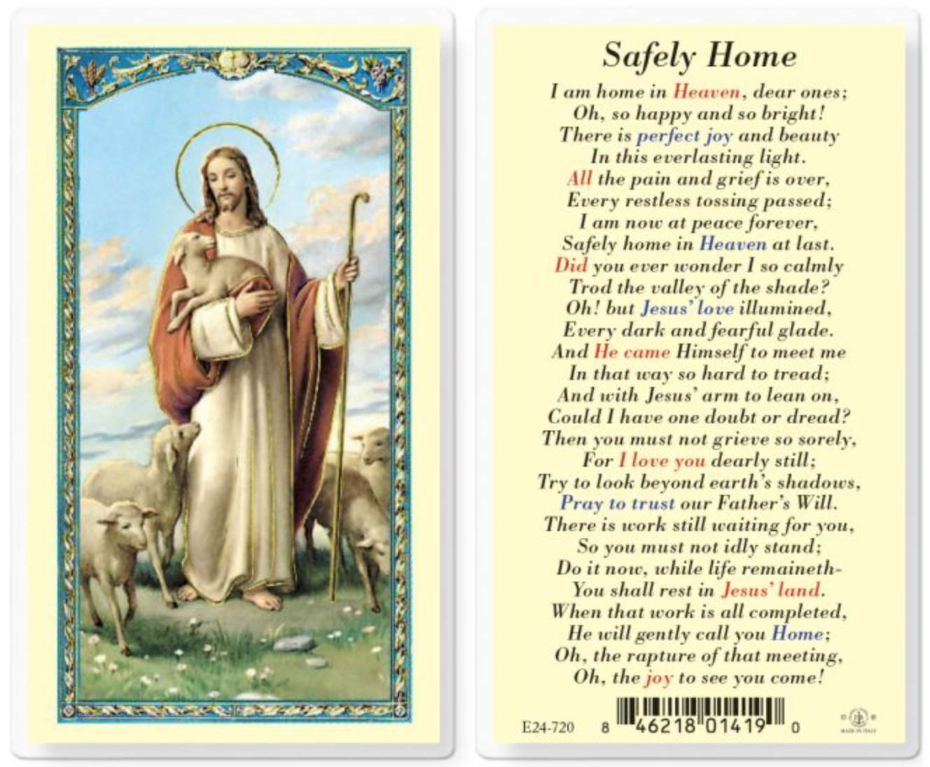 Religious card with an illustration of a robed figure holding a lamb and a poem on the right side.