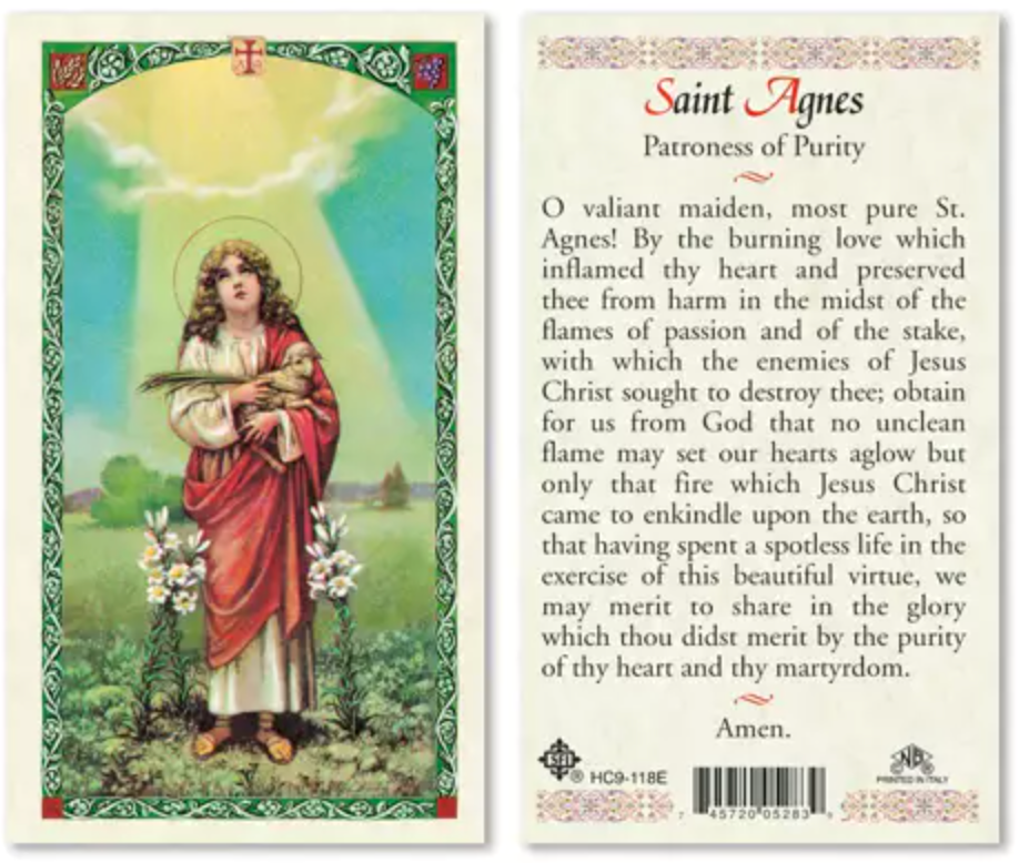 Saint Agnes prayer card with illustration of a saint and text.
