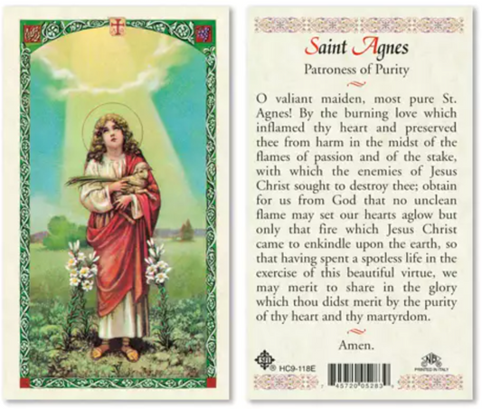 Saint Agnes prayer card with illustration of a saint and text.