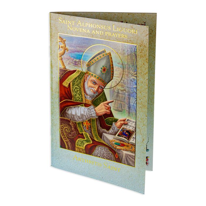 A cover image of the Saint Alphonsus Liguori Novena Book featuring an illustrated depiction of Saint Alphonsus Liguori with colorful background and text.