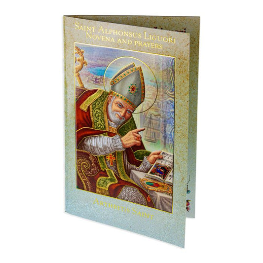 A cover image of the Saint Alphonsus Liguori Novena Book featuring an illustrated depiction of Saint Alphonsus Liguori with colorful background and text.